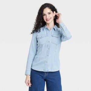 Slim Fit Long Sleeve Denim Western Shirt - Medium Wash 2
